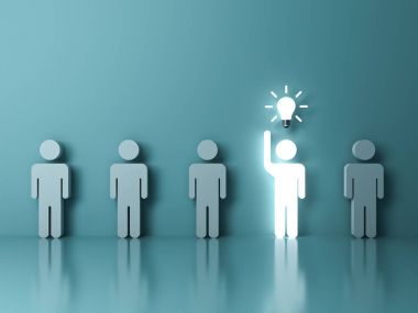Stand out from the crowd and different concept , One glowing light man raising his hand got an idea bulb among other people on light green pastel color background with reflections . 3D clipart