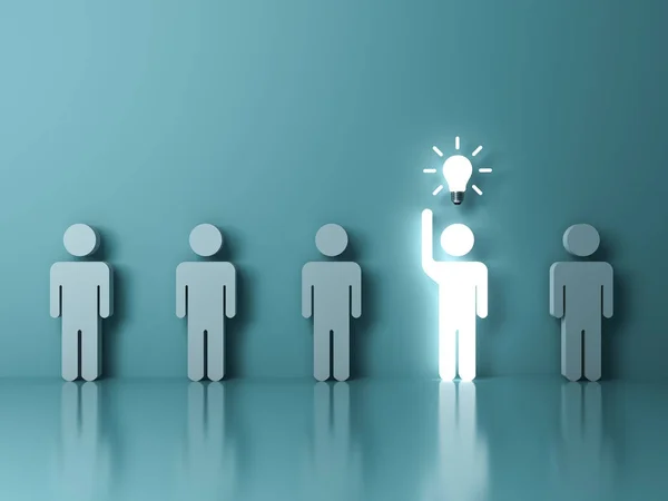 Stand out from the crowd and different concept , One glowing light man raising his hand got an idea bulb among other people on light green pastel color background with reflections . 3D — Stock Photo, Image