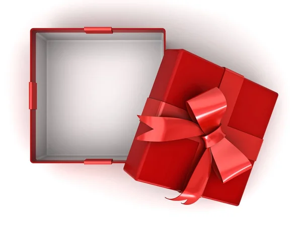 Otwórz pudełko czerwone lub obecne pole z czerwoną wstążką łuku i pustej przestrzeni w polu na białym tle na białym tle z cienia. 3D — Zdjęcie stockowe