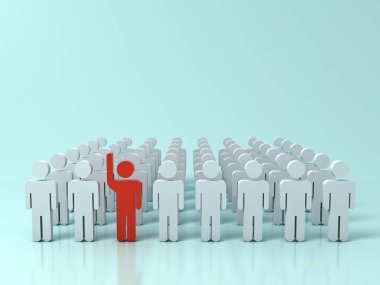 Kalabalık ve farklı yaratıcı fikir kavramlar, bir kırmızı adam elini gölgeler ve yansımaları 3d render ile yeşil pastel renk arka plan üzerinde beyaz diğer insanlar arasında yükselterek öne