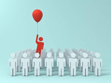 Kalabalık ve farklı yaratıcı fikir kavramı, gölgeler 3d render ile açık yeşil pastel renk arka plan üzerinde kırmızı balon ile diğer insanlardan uzak uçan bir adam öne