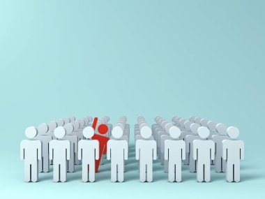 Kalabalık ve farklı yaratıcı fikir kavramlar, bir kırmızı adam elini gölgeler 3d render ile açık yeşil pastel renk arka plan üzerinde beyaz diğer insanlar arasında yükselterek öne