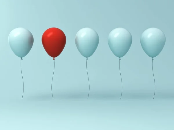 Heben sich von der Masse ab und anderes Konzept, ein roter Ballon unterscheidet sich von anderen Ballons auf hellen cyangrünen Pastellfarbe Wandhintergrund mit Reflexionen und Schatten 3D-Render — Stockfoto