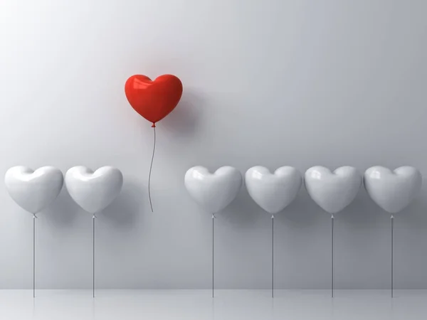 Se démarquer de la foule et de différents concepts, Un ballon coeur rouge s'envole des autres ballons coeur blanc sur fond de mur blanc avec des reflets de fenêtre et des ombres rendu 3D — Photo