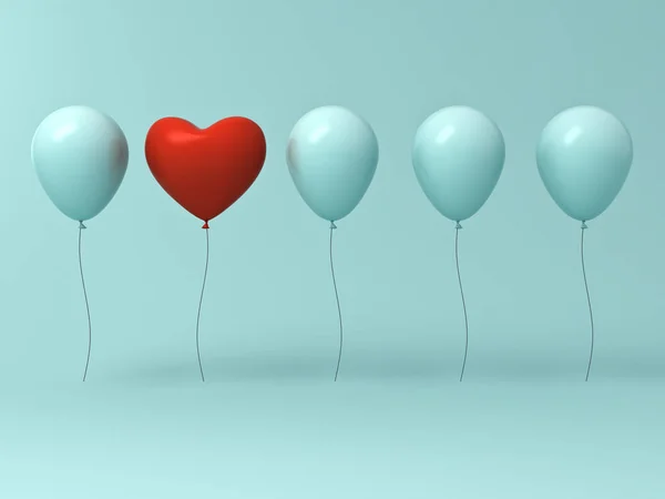 Wyróżniać się z tłumu i różnych koncepcji, jeden balon czerwony serce różni się od innych balony na tle ściany światło zielony pastelowy kolor z odbicia i cienie 3d renderowania — Zdjęcie stockowe