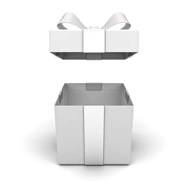 オープン ギフト ボックスまたはシャドウ 3 d レンダリングと白い背景で隔離のシルバー リボン弓でプレゼント ボックス — ストック写真