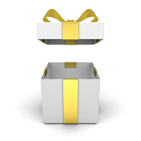 Öppna presentbox, nuvarande box med lock och gyllene band rosett isolerad på vit bakgrund med skugga 3d render — Stockfoto