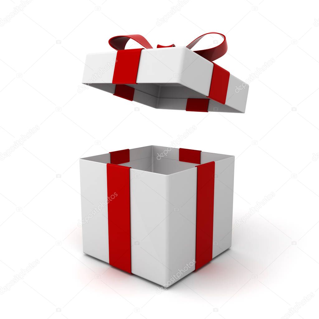 Scatola regalo aperta, scatola regalo con coperchio e fiocco a