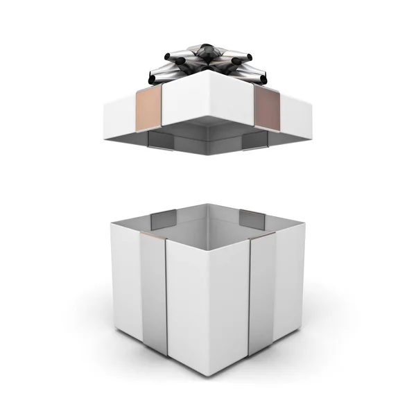 Otevřené krabičky, krabičce s mašlí stříbrná stuha izolovaných na bílém pozadí s 3d vykreslení stínů — Stock fotografie
