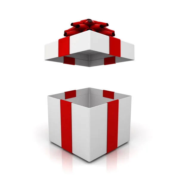 Открыть подарочную коробку, подарить коробку с красной лентой лук изолирован на белом фоне с тенью и отражением 3D рендеринга — стоковое фото