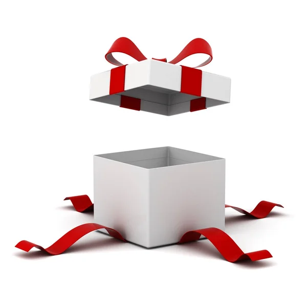 Caixa de presente aberta, caixa de presente com fita vermelha arco isolado no fundo branco com sombra. Renderização 3D — Fotografia de Stock