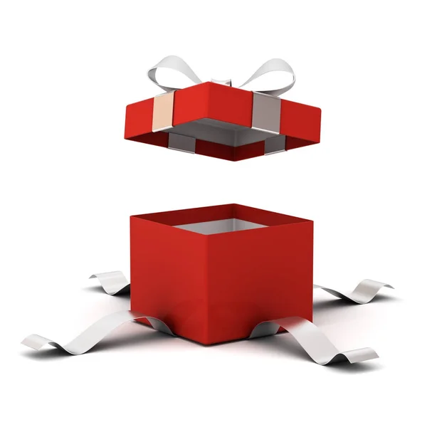 Caja de regalo abierta roja, caja de regalo con lazo de cinta plateada aislada sobre fondo blanco con renderizado en 3D de sombra —  Fotos de Stock
