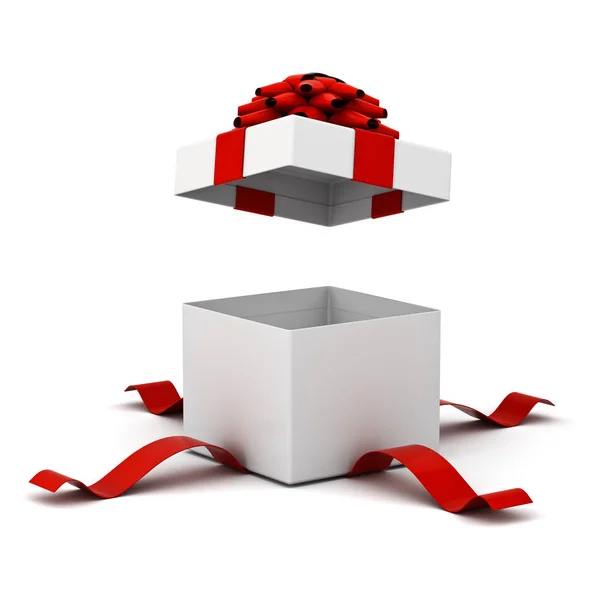 Caixa de presente aberta, caixa de presente com fita vermelha arco isolado no fundo branco com renderização 3D sombra — Fotografia de Stock