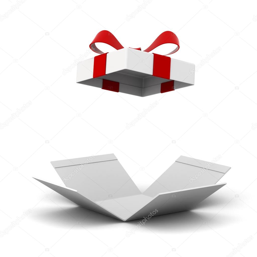 Open gift box , present box with red ribbon bow isolated on white background with shadow 3D render