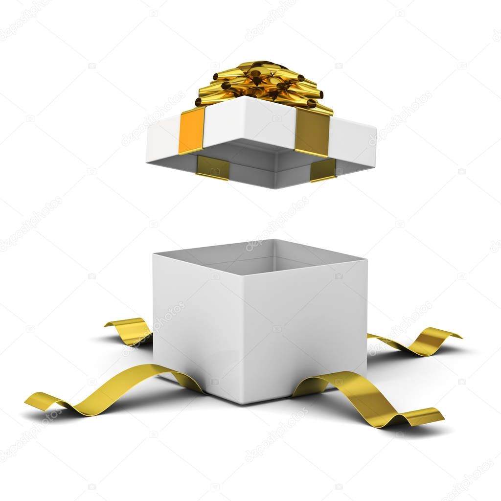 Open gift box , present box with golden ribbon bow isolated on white background with shadow . 3D render