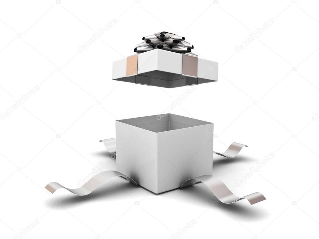Open gift box , present box with silver ribbon bow isolated on white background with shadow 3D render
