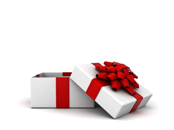 Caja de regalo abierta, caja de regalo con lazo de cinta roja aislada sobre fondo blanco con renderizado en 3D sombra — Foto de Stock