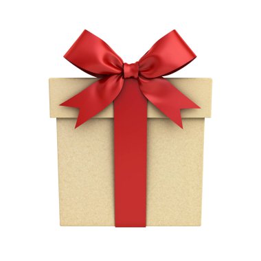 Hediye kutusu veya hediye kutu kırmızı kurdele ile yay üzerinde izole beyaz arka plan