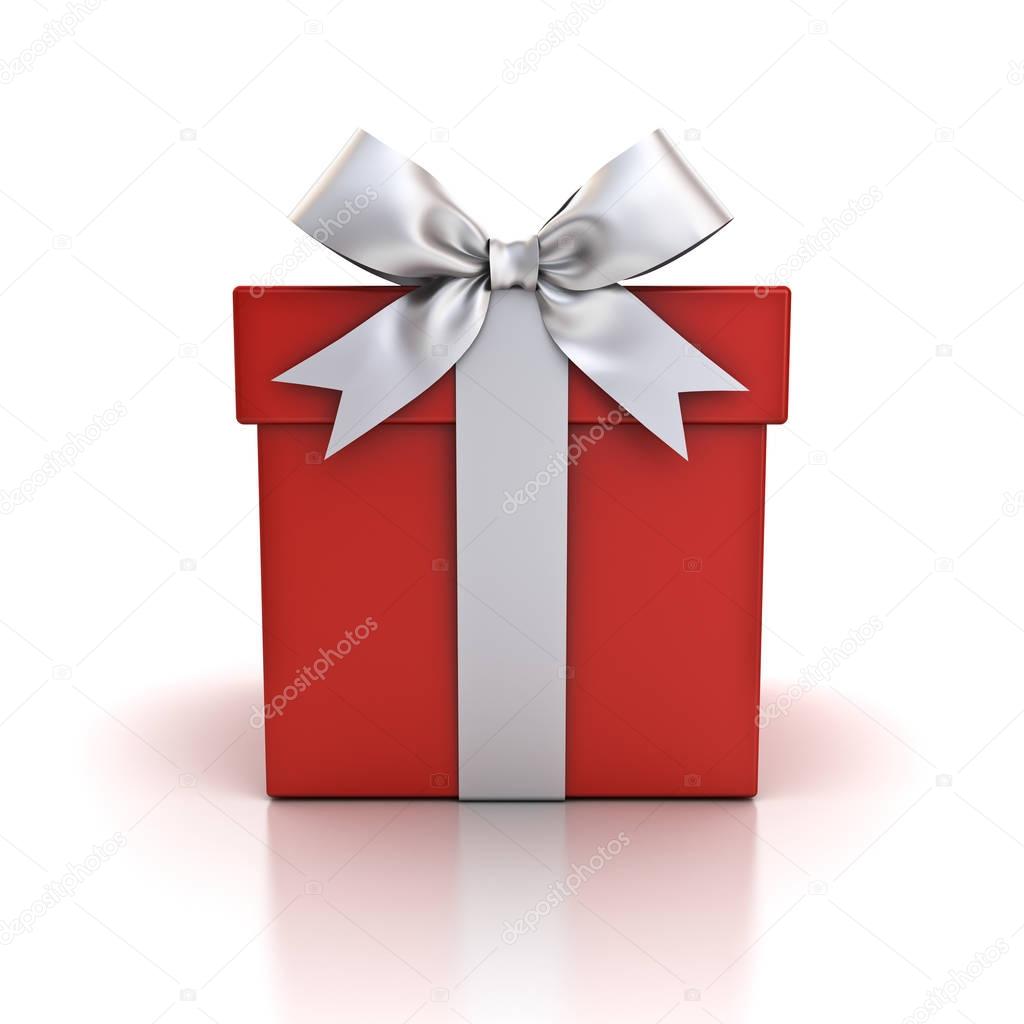 Gift box , Red present box with silver ribbon bow isolated on white background with reflection