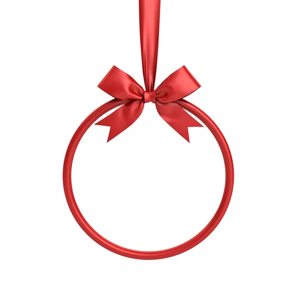 Red circle frame hanging with red ribbon and bow for christmas decoration and other events isolated on white background — Stock Photo, Image