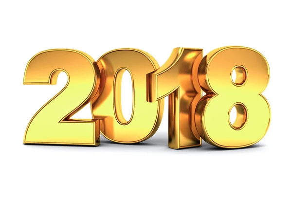 Jaar twee duizend achttien, Happy new year 2018, 3d gouden tekst geïsoleerd op witte achtergrond met reflectie en schaduw — Stockfoto