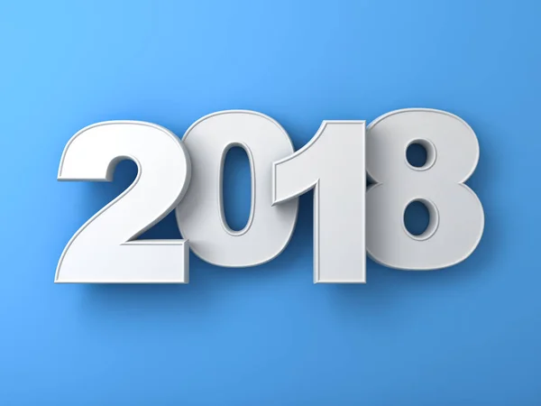 Beyaz yıl iki bin on sekiz, mutlu yeni yıl 2018, gölge ile mavi arka plan üzerinde izole 3d mavi metin — Stok fotoğraf