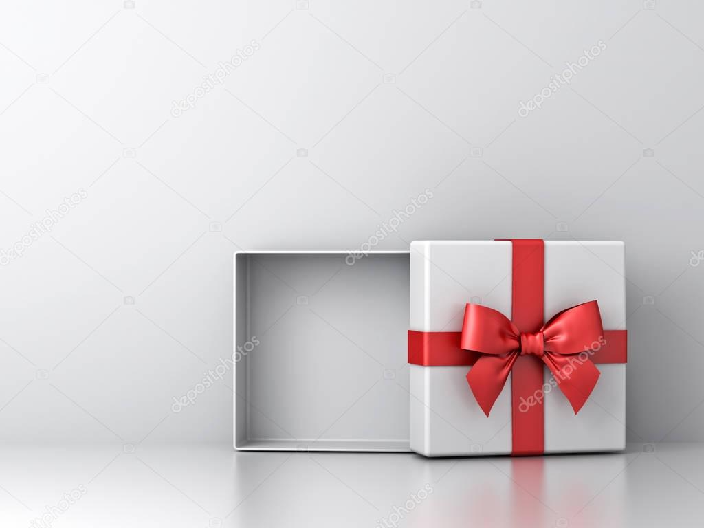 Open gift box or present box with red ribbon bow and empty space in the box on white wall background with shadow and reflection . 3D rendering.