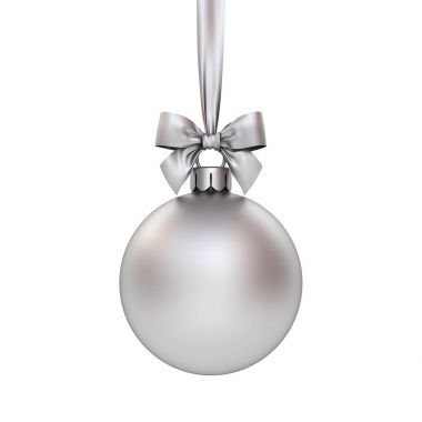 Noel top gümüş şerit ve beyaz arka plan üzerinde izole yay ile asılı. 3D render.