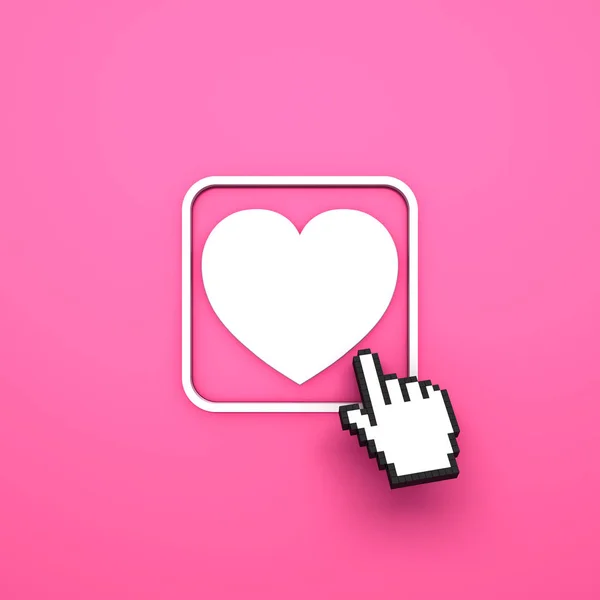 爱按钮与计算机手光标被隔绝在粉红色背景 — 图库照片