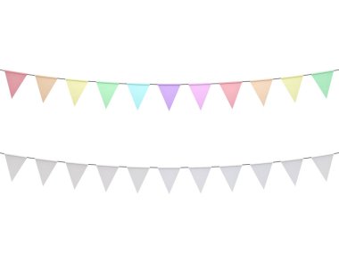 Renkli pastel renkler ve beyaz bayrak beyaz arka plan üzerinde izole kiraz kuşu. 3D render.