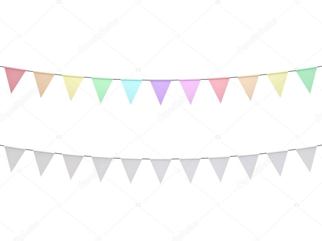 Colorful pastel colors and white bunting flags isolated on white background. 3D rendering.