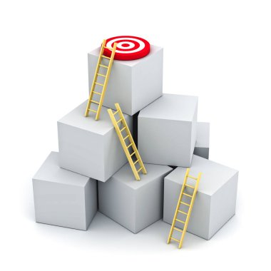 Beyaz arka plan üzerinde izole kutuları üzerine kırmızı hedef için merdiven tırmanma. 3D render.