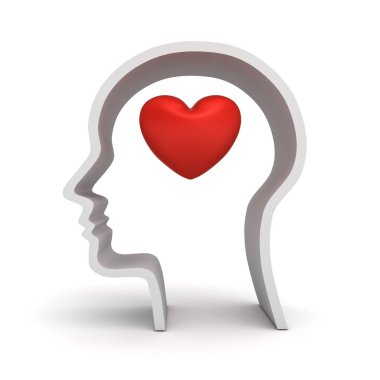 İnsan kafası kalp içinde gölge izole üzerinde beyaz arka plan ile. 3D render.