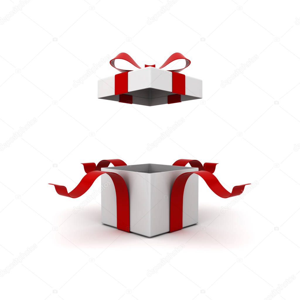 Open gift box , present box with red ribbon bow isolated on white background with shadow . 3D rendering.