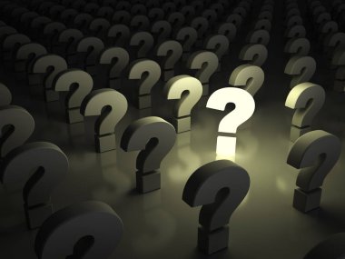 Bir ışık soru işareti diğerlerinden ayakta. 3D render.