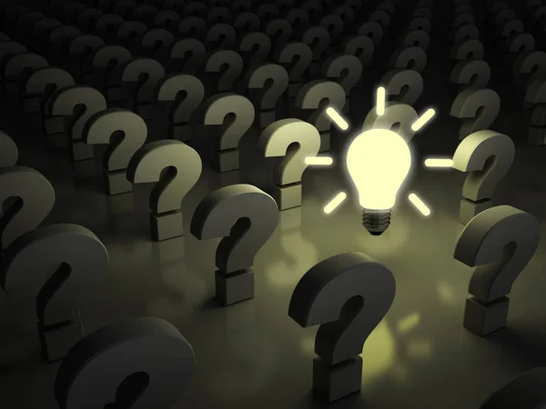 Idea Bulb Glowing Dark Question Marks Rendering — Stock Photo, Image