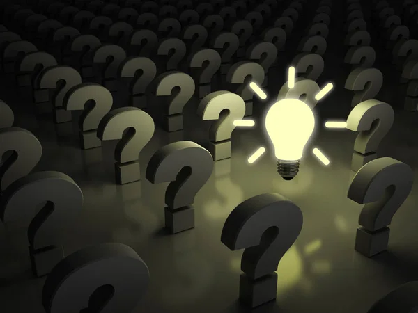 Idea Lampadina Incandescente Buio Tra Punti Interrogativi Rendering — Foto Stock