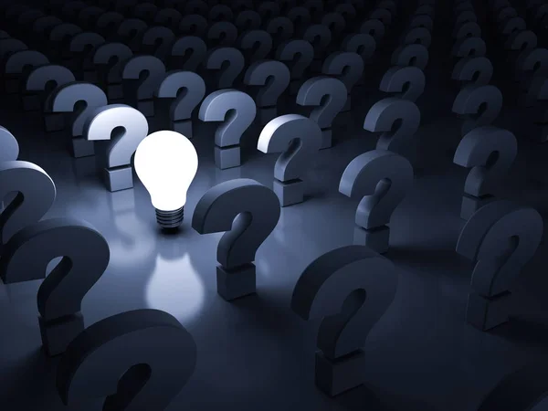 One Glowing Idea Light Bulb Shining Question Marks Dark Blue — Stock Photo, Image