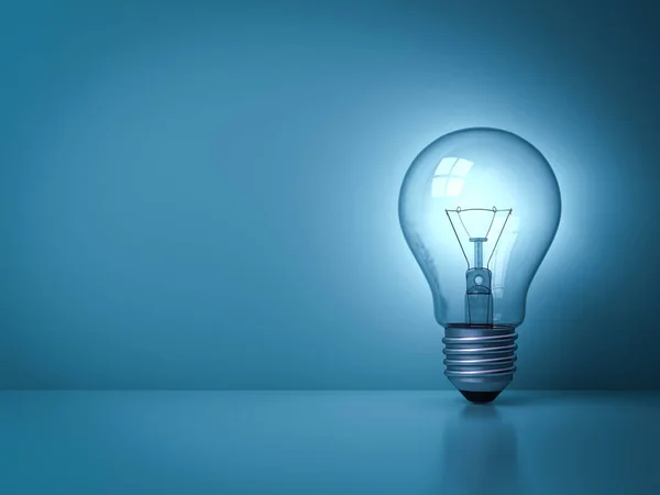 Ideia Lâmpada Brilhando Fundo Azul Escuro Com Reflexão Renderização — Fotografia de Stock