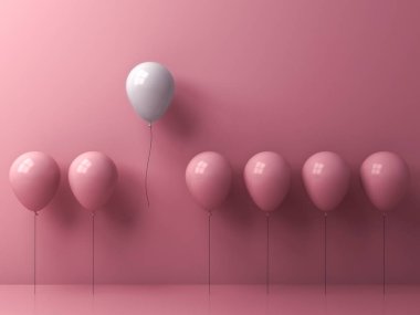 Kalabalık ve farklı kavramı, diğer pembe balonlar uzak pencere yansıması ve gölgeler pembe pastel renkli duvar arka plan üzerinde uçan bir özgürlük beyaz balon göze çarpıyor. 3D render.