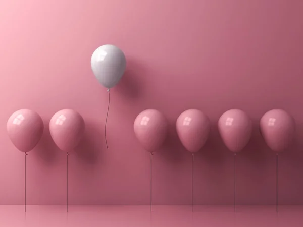 脱颖而出 从人群和不同的概念 一个自由的白色气球飞离其他粉红色的气球在粉红色的粉彩彩色墙壁背景与窗口反射和阴影 — 图库照片