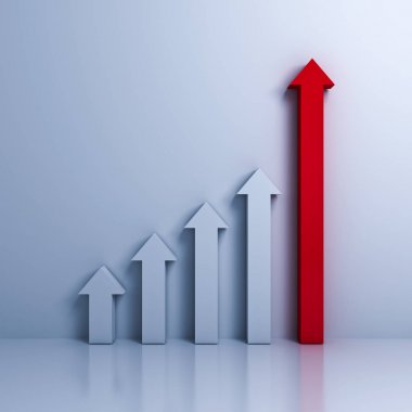 İş grafiği yukarı ok beyaz duvar arka plan yansıması ile üzerinde yükselen kırmızı. 3D render.