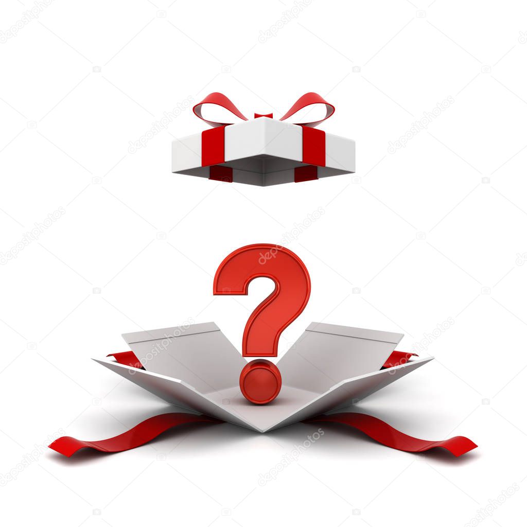 Open gift box with red question mark inside , present box with red ribbon bow isolated on white background with shadow . 3D rendering.