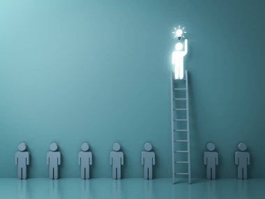 Stand out from the crowd and different concept , One glowing light man on the  ladder got an idea bulb among other no idea people on dark green background with shadow and reflections . 3D rendering. clipart