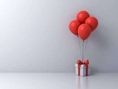 Beyaz hediye kutusu veya beyaz oda zemininde izole edilmiş kırmızı balonlu hediye kutusu ve solda boş alan 3D görüntüleme