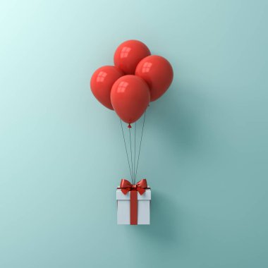 Hediye kutusu ya da içinde kırmızı balonlar bulunan hediye kutusu yeşil mavi pastel renkli duvar arkaplanı ve gölge 3D görüntüleme