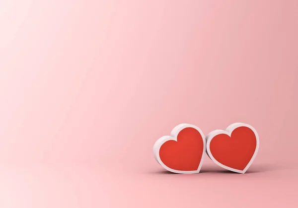 2つのハートのためのバレンタインデーのコンセプトピンクのパステルカラーの背景と影の3Dレンダリング — ストック写真