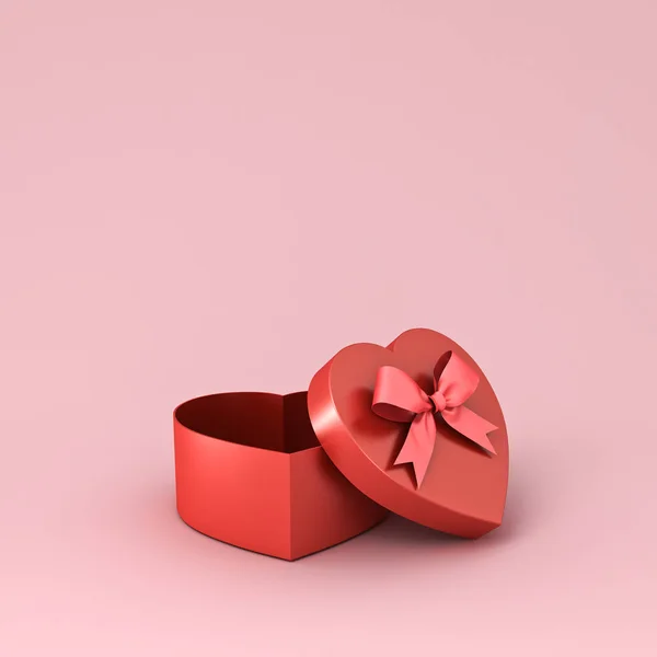 Lege Hartvorm Geschenkdoos Met Rood Lint Strik Geïsoleerd Roze Pastel — Stockfoto