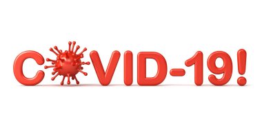 Covid-19 metin veya koronavirüs uyarısı beyaz arkaplanda izole edilmiş ve 3D gölgelendirilmiş