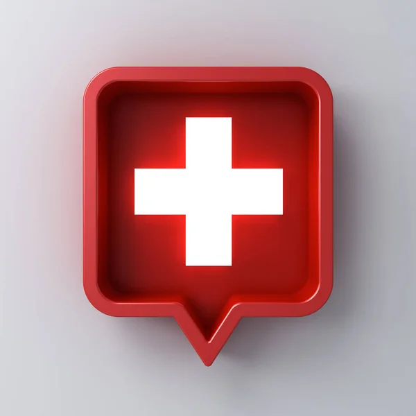 医療用クロスまたはネオンライト 影3Dレンダリングと白い壁の背景に隔離された赤い丸みを帯びた正方形のスピーチバブルピンにサイン — ストック写真